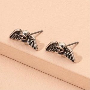 Silver Winged Skull Skeleton Earrings
